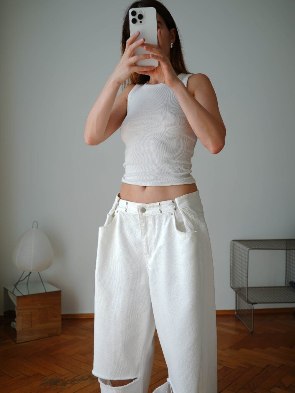 Storets Vera White Slash Cutout Adjustable Wide Leg Jeans S/M